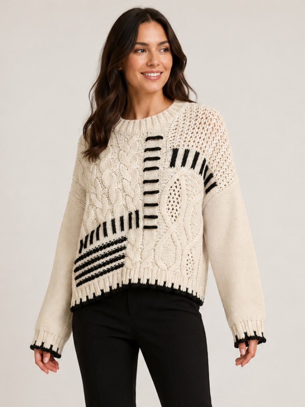 Grey Bandit Chunky Cable Knit Cropped Sweater Small Cream Black